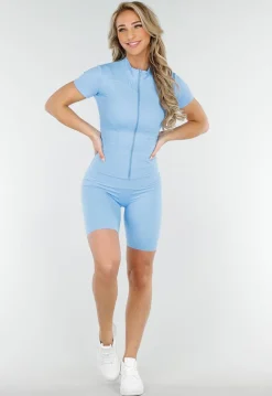 Lichtblauwe Sportset met Korte Mouwen Jasje, High-Waist Short en Corrigerende Band