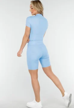 Lichtblauwe Sportset met Korte Mouwen Jasje, High-Waist Short en Corrigerende Band