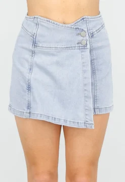 Lichtblauwe Stretch Denim Skort met Overslag en Achterzakken