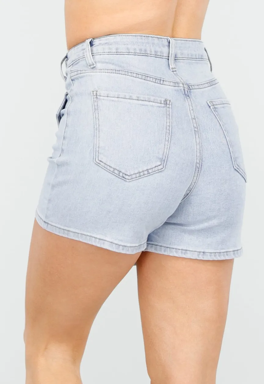 Lichtblauwe Stretch Denim Skort met Strassdetails op Zakken