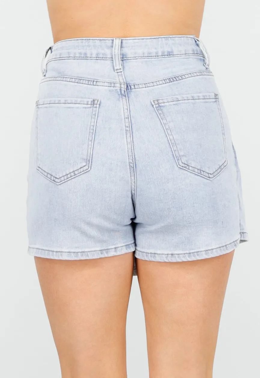 Lichtblauwe Stretch Denim Skort met Strassdetails op Zakken