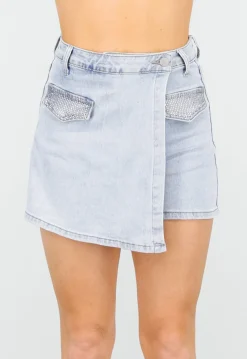 Lichtblauwe Stretch Denim Skort met Strassdetails op Zakken
