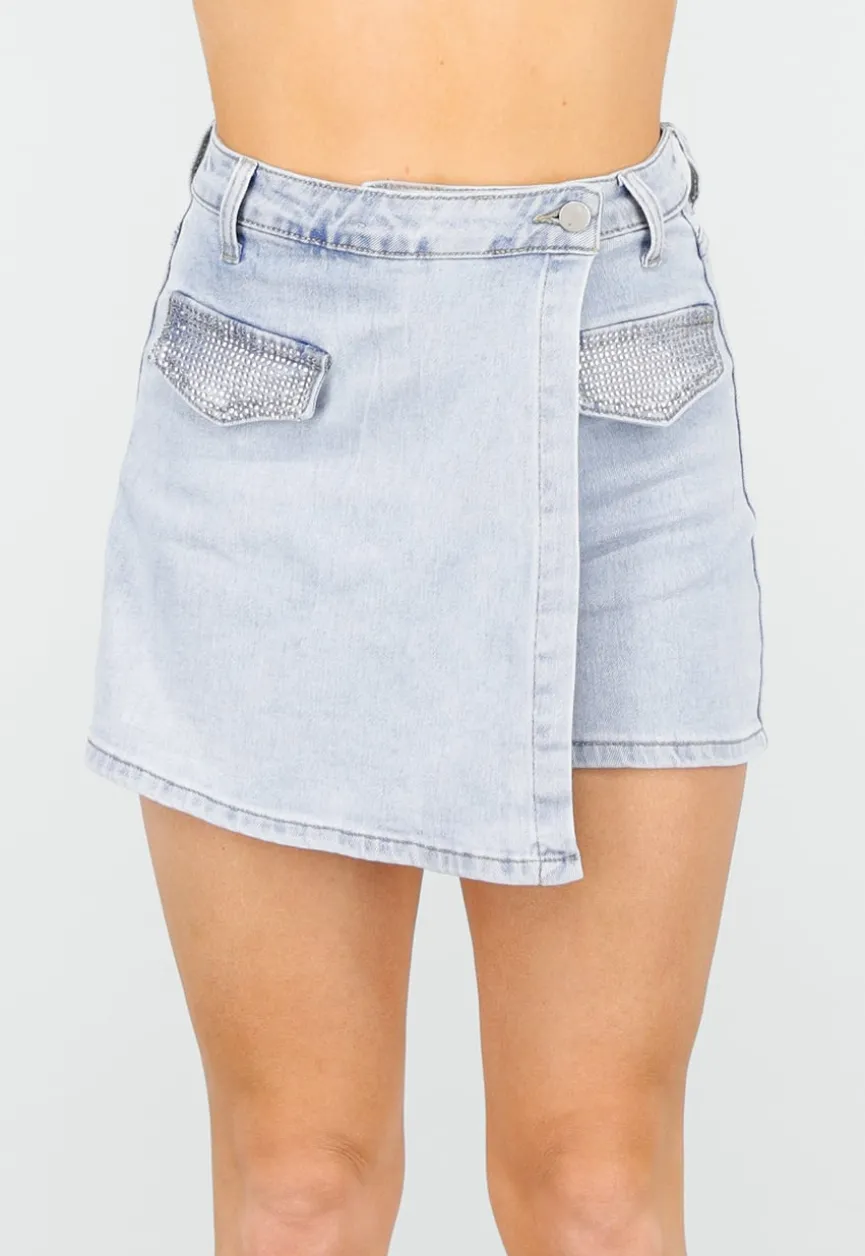 Lichtblauwe Stretch Denim Skort met Strassdetails op Zakken