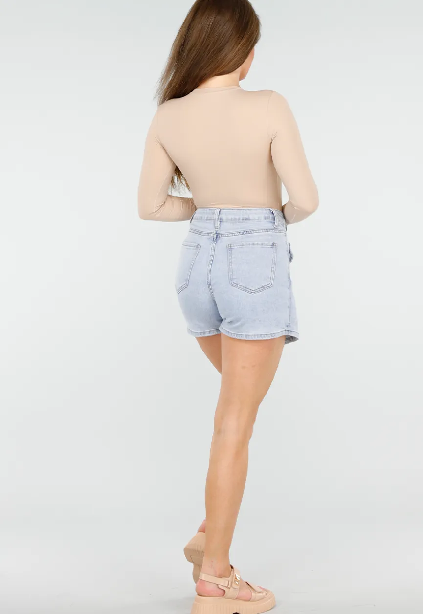 Lichtblauwe Stretch Denim Skort met Strassdetails op Zakken