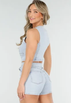 Lichtblauwe Stretch Playsuit Mouwloos met Cut-out en gilet look
