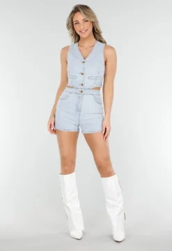 Lichtblauwe Stretch Playsuit Mouwloos met Cut-out en gilet look