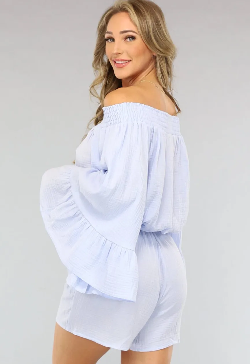 Lichtblauwe Stretch Playsuit van Mousseline Stof
