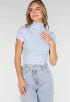 Lichtblauwe Stretch Top met Col en Korte Mouwen