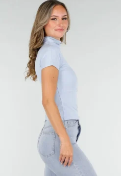 Lichtblauwe Stretch Top met Col en Korte Mouwen