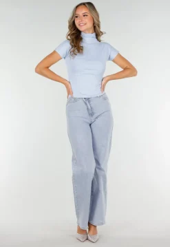 Lichtblauwe Stretch Top met Col en Korte Mouwen