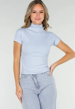 Lichtblauwe Stretch Top met Col en Korte Mouwen
