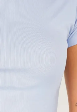Lichtblauwe Stretch Top met Col en Korte Mouwen