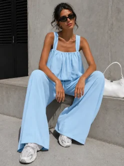 Lichtblauwe Stretch Two Piece Set met Mouwloze Top en Wide Leg Broek