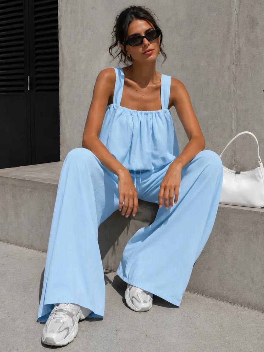 Lichtblauwe Stretch Two Piece Set met Mouwloze Top en Wide Leg Broek