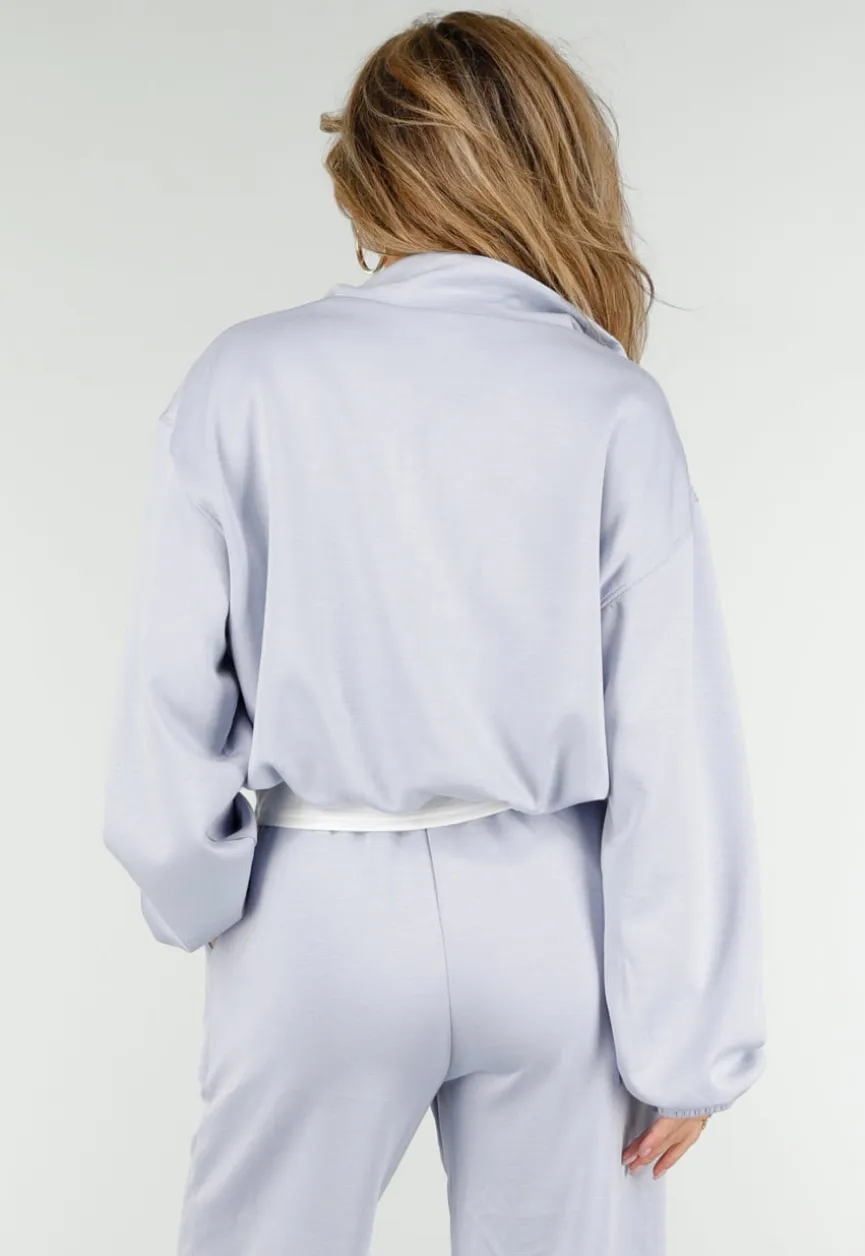 Lichtblauwe Sweater met Halve Rits en Elastische Boorden