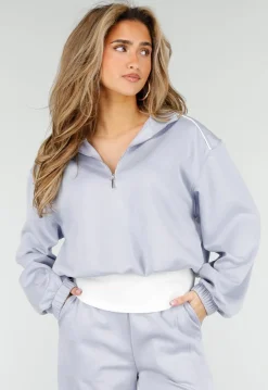 Lichtblauwe Sweater met Halve Rits en Elastische Boorden
