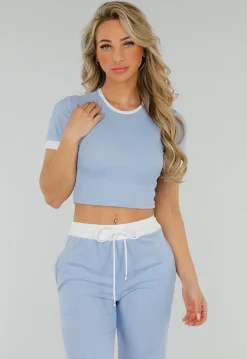 Lichtblauwe Two Piece Set met Lange Broek en Korte Top met Colorblockingdetails