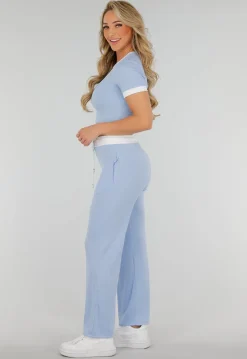 Lichtblauwe Two Piece Set met Lange Broek en Korte Top met Colorblockingdetails