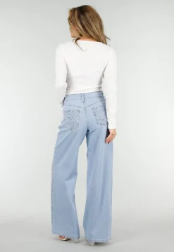 Lichtblauwe Wide Leg Jeans met See-Through Bloemenprint en Stretch