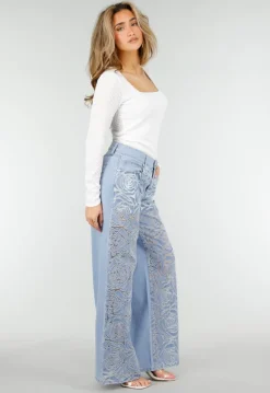 Lichtblauwe Wide Leg Jeans met See-Through Bloemenprint en Stretch