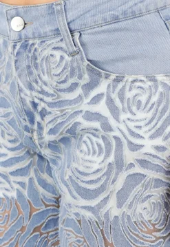 Lichtblauwe Wide Leg Jeans met See-Through Bloemenprint en Stretch