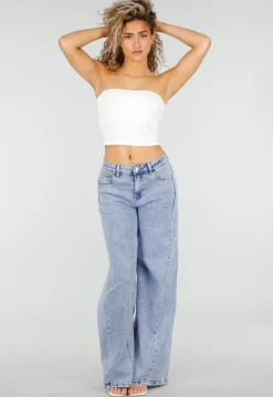 Lichtblauwe Wide Leg Jeans met Mid Waist