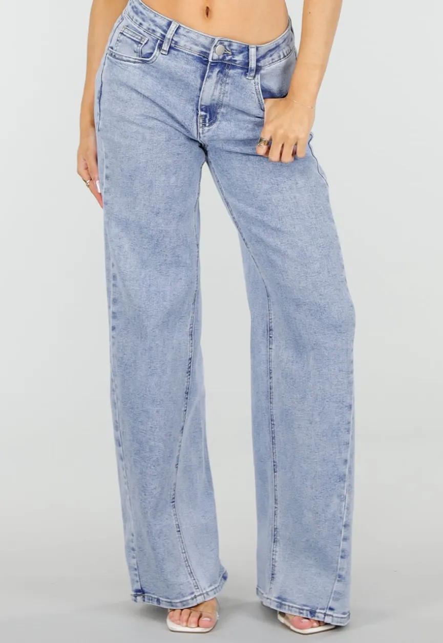 Lichtblauwe Wide Leg Jeans met Mid Waist