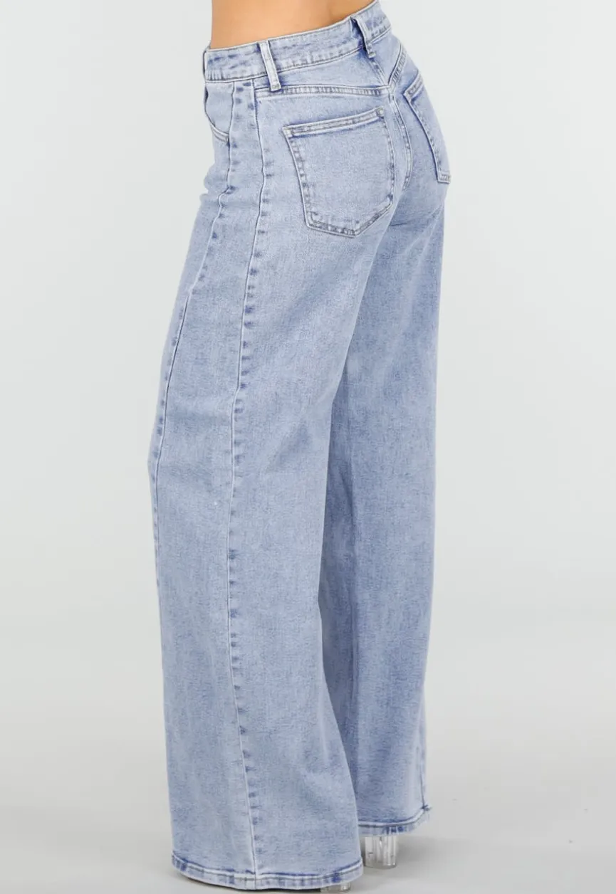 Lichtblauwe Wide Leg Jeans met Mid Waist