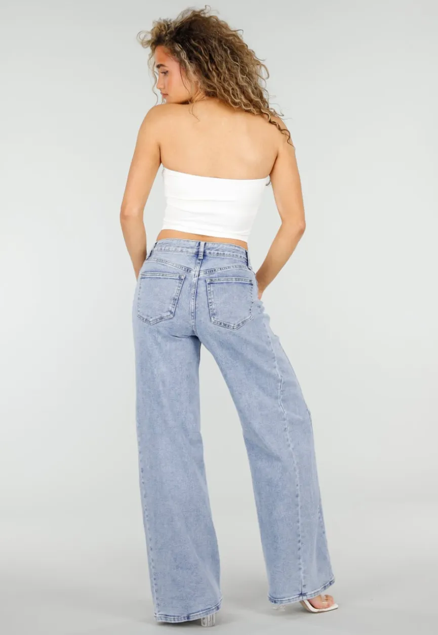 Lichtblauwe Wide Leg Jeans met Mid Waist