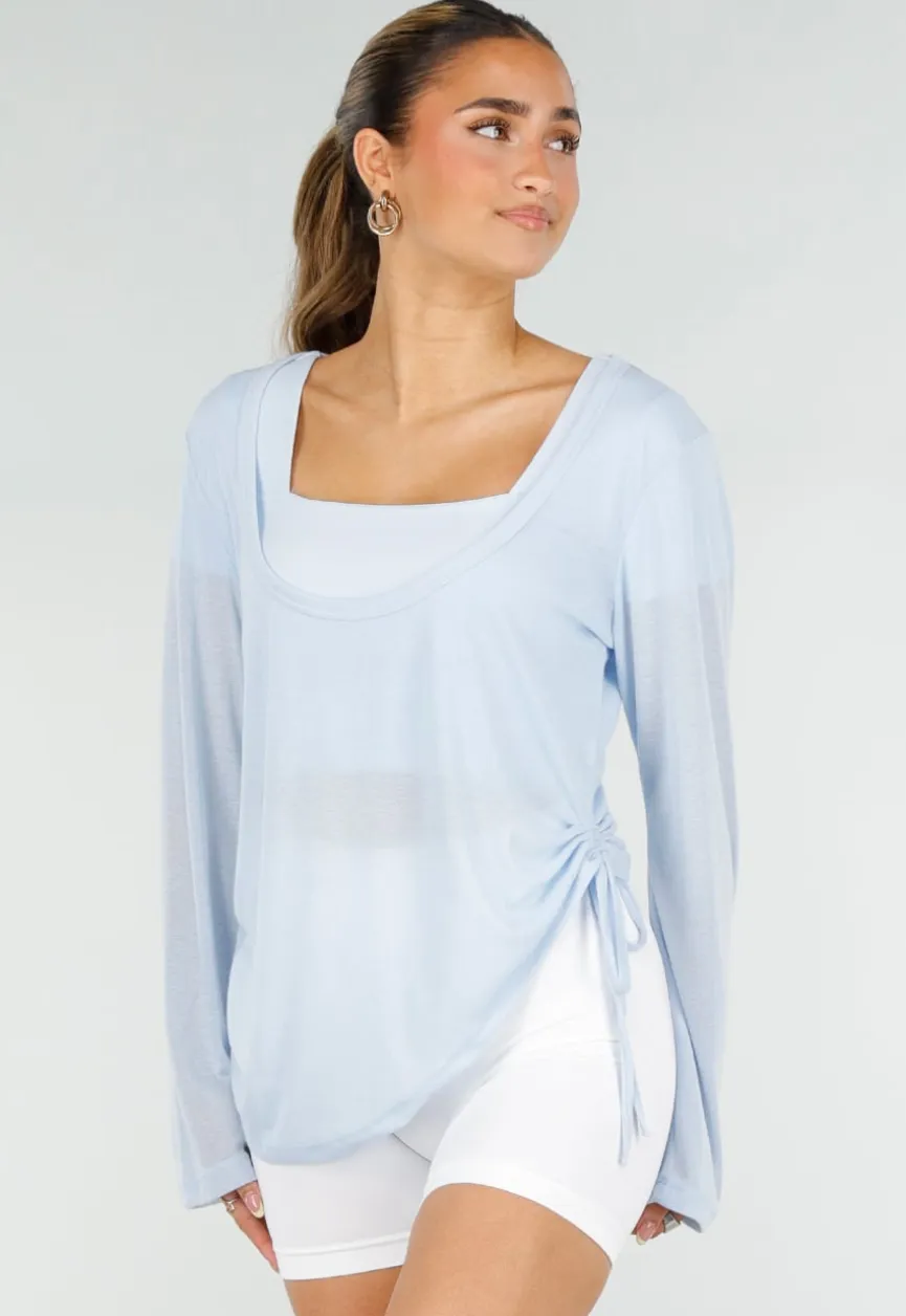 Lichtblauwe Zachte Longsleeve Top met Trekkoord en Wijde Mouwen