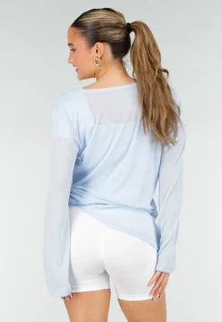 Lichtblauwe Zachte Longsleeve Top met Trekkoord en Wijde Mouwen