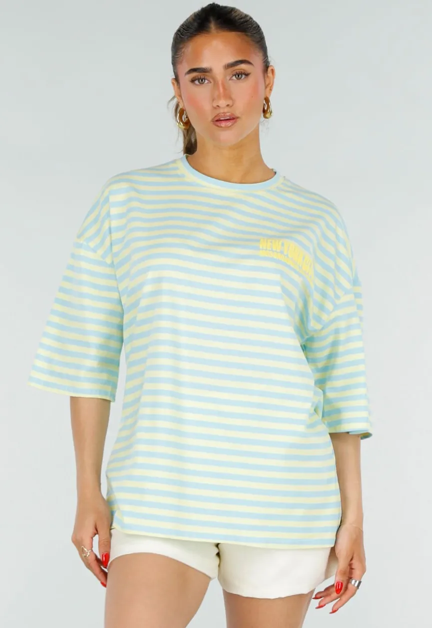 Lichtblauw Geel Gestreepte Oversized T-shirt met Tekstprint