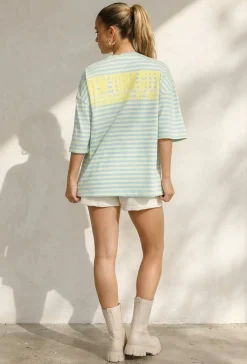 Lichtblauw Geel Gestreepte Oversized T-shirt met Tekstprint