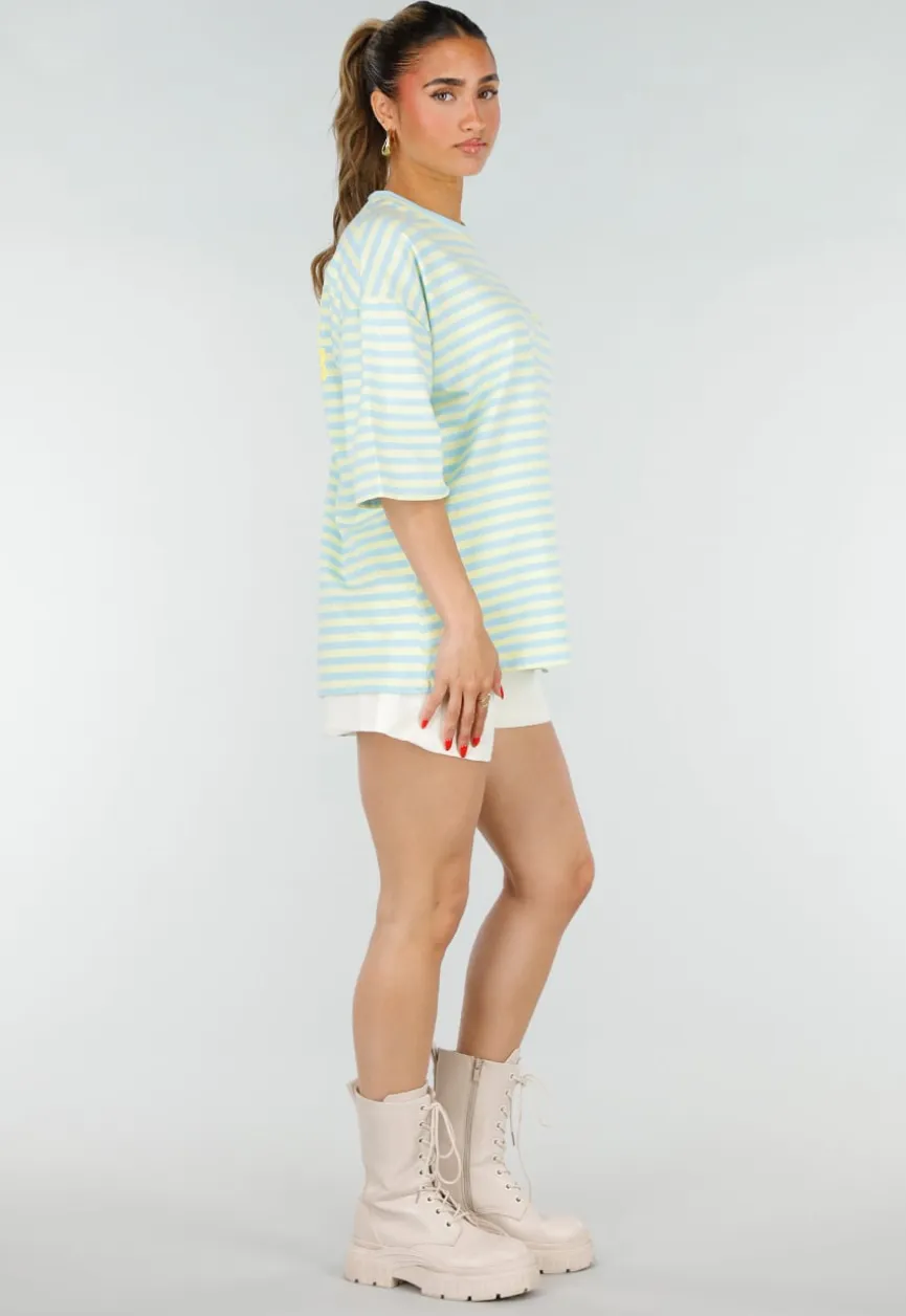 Lichtblauw Geel Gestreepte Oversized T-shirt met Tekstprint