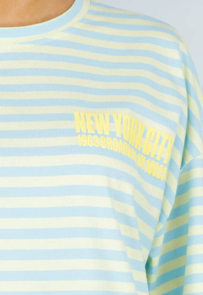 Lichtblauw Geel Gestreepte Oversized T-shirt met Tekstprint