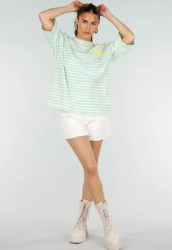 Lichtblauw Geel Gestreepte Oversized T-shirt met Tekstprint