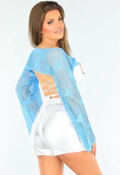 Lichtblauw Gehaakte Stretch Bolero met Hartjes en Lange Mouwen