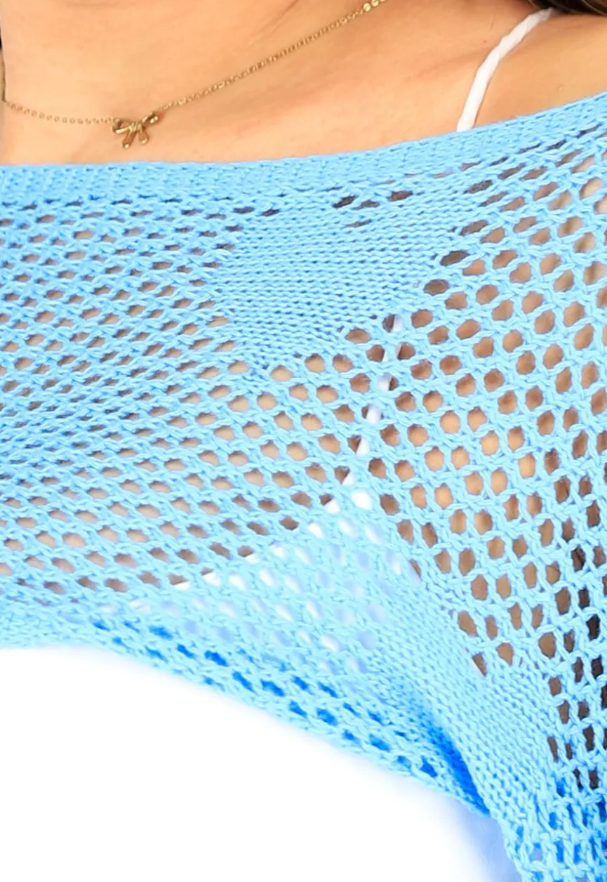 Lichtblauw Gehaakte Stretch Bolero met Hartjes en Lange Mouwen