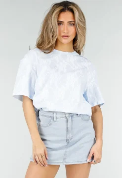 Lichtblauw Kanten T-shirt met Korte Mouwen en Ronde Hals