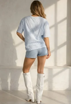 Lichtblauw Kanten T-shirt met Korte Mouwen en Ronde Hals