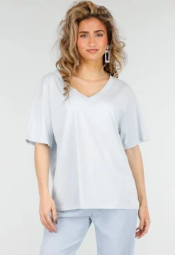 Lichtblauw Katoenen T Shirt met V Hals