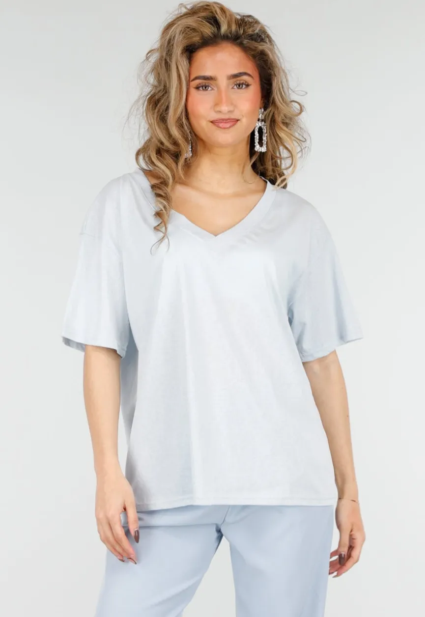Lichtblauw Katoenen T Shirt met V Hals