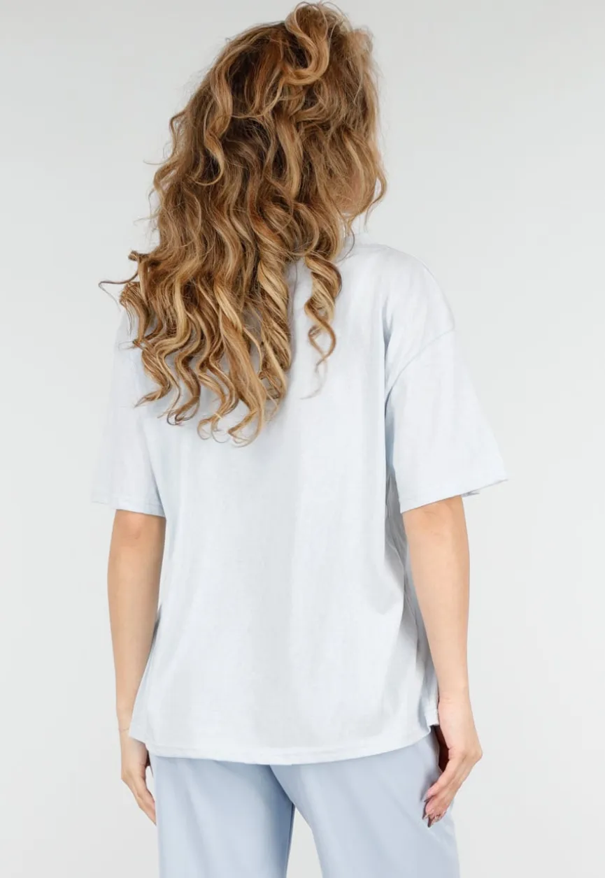 Lichtblauw Katoenen T Shirt met V Hals