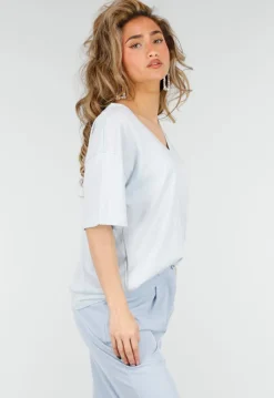 Lichtblauw Katoenen T Shirt met V Hals