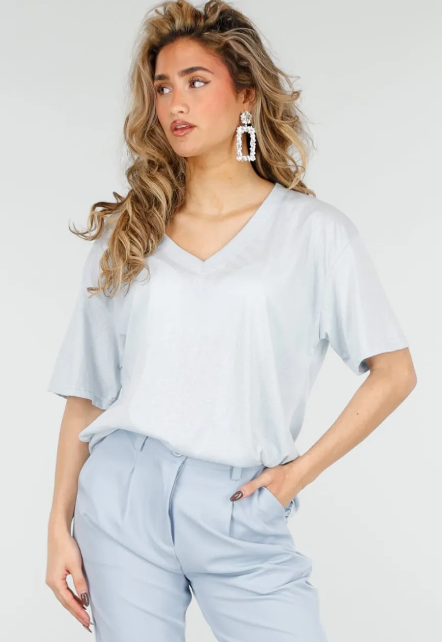 Lichtblauw Katoenen T Shirt met V Hals