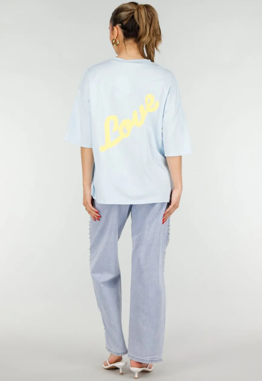Lichtblauw Oversized T-Shirt met Korte Mouwen en Backprint