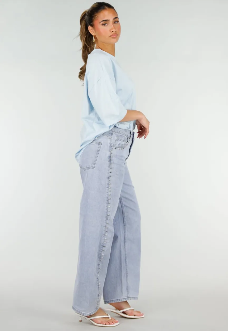 Lichtblauw Oversized T-Shirt met Korte Mouwen en Backprint