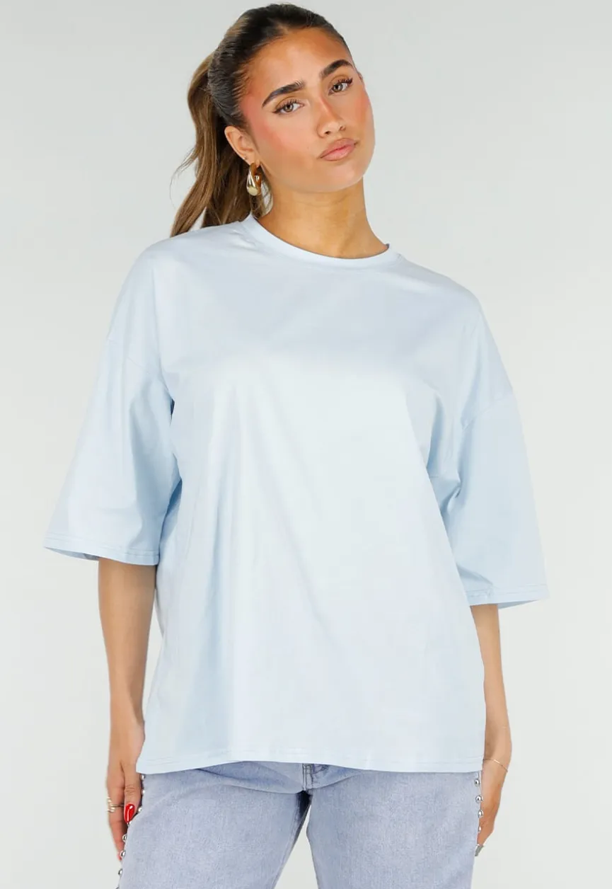 Lichtblauw Oversized T-Shirt met Korte Mouwen en Backprint