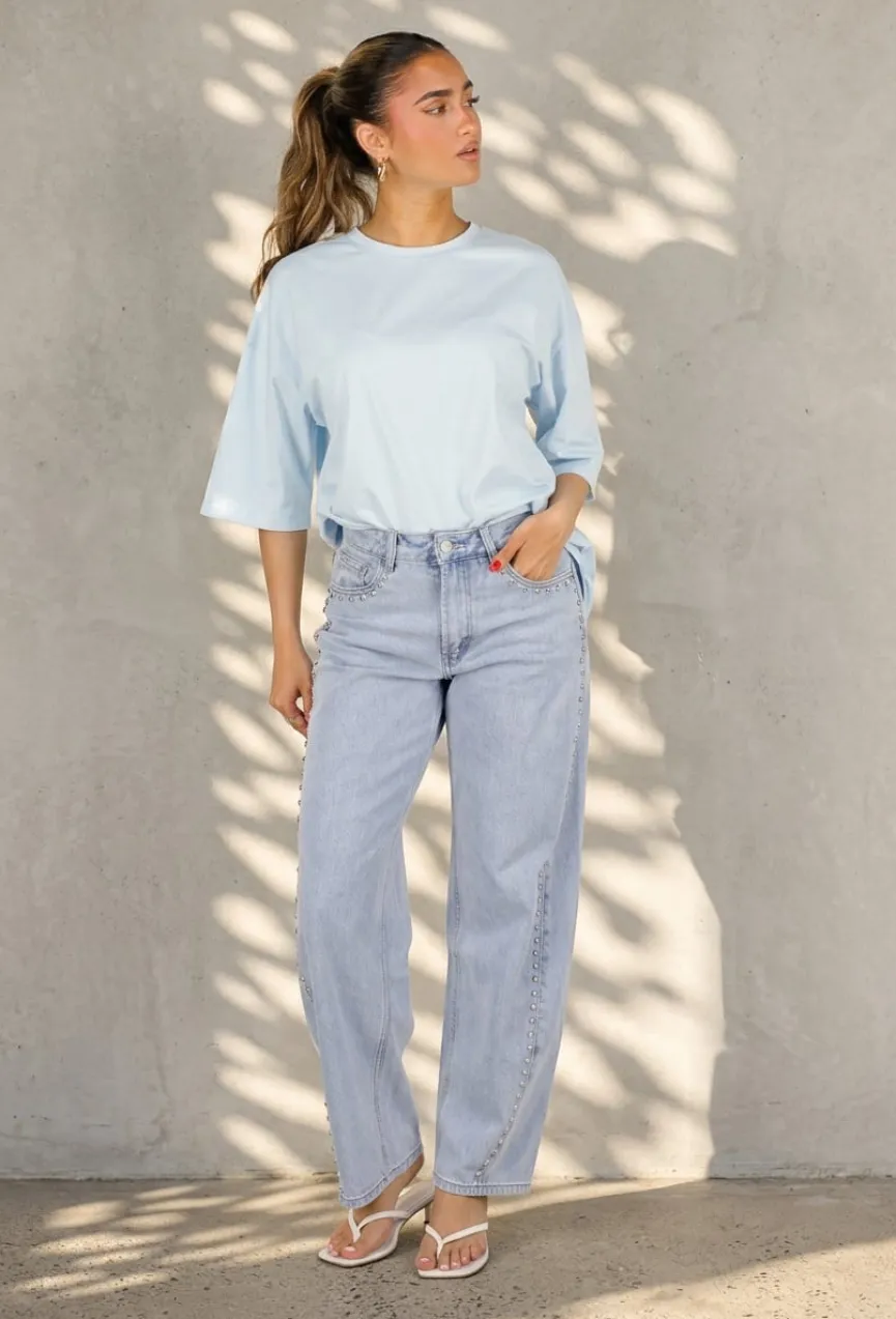 Lichtblauw Oversized T-Shirt met Korte Mouwen en Backprint