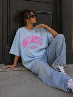 Lichtblauw Oversized T-Shirt met Roze Rive Gauche Tekstprint